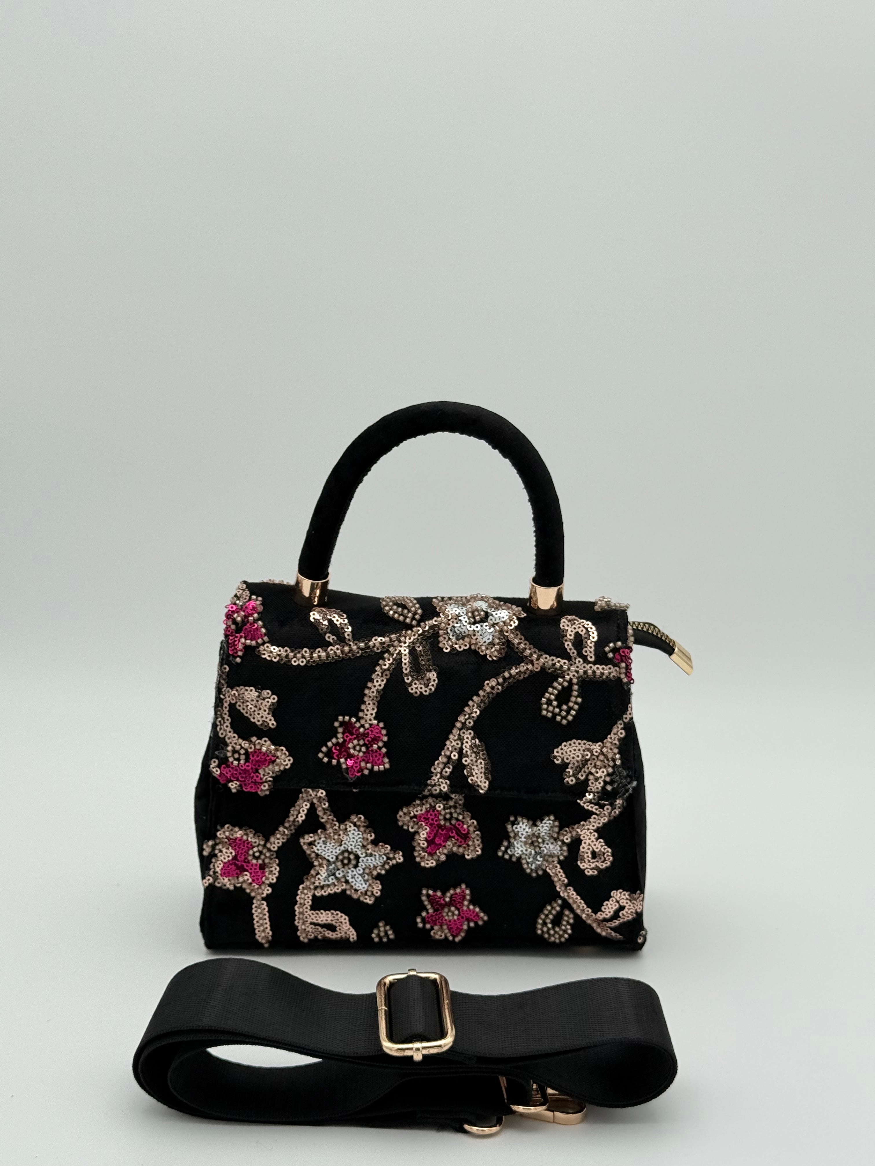 Velvet pailletten handtas - Zwart